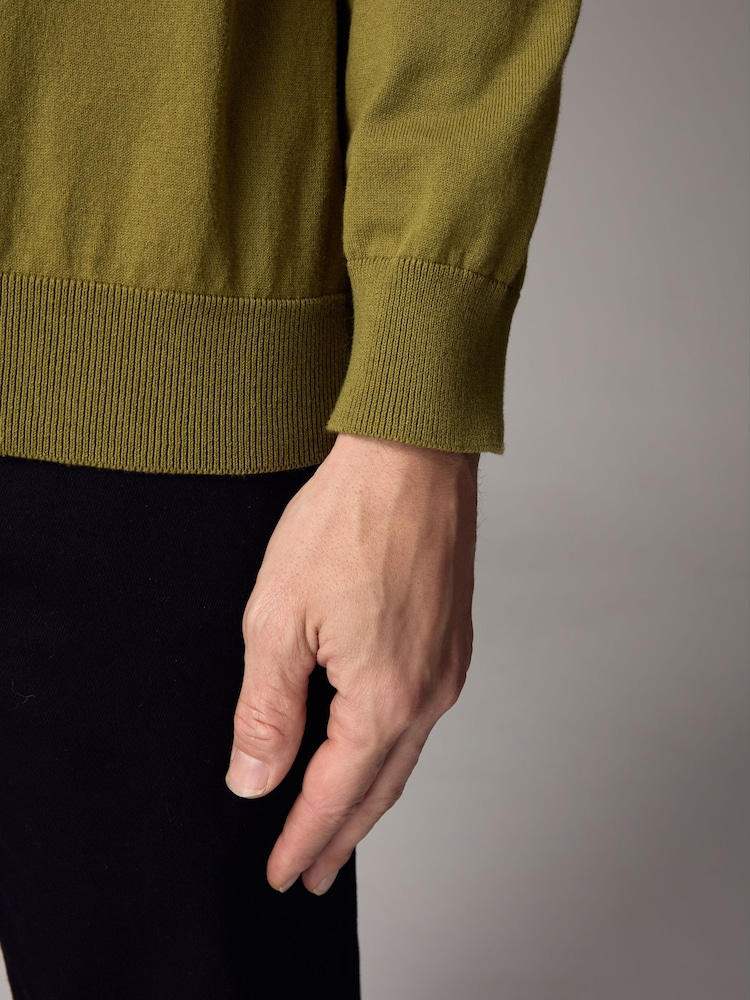 Green Olive Slim Fit Knitted Long Sleeve Polo Shirt - Image 6 of 6