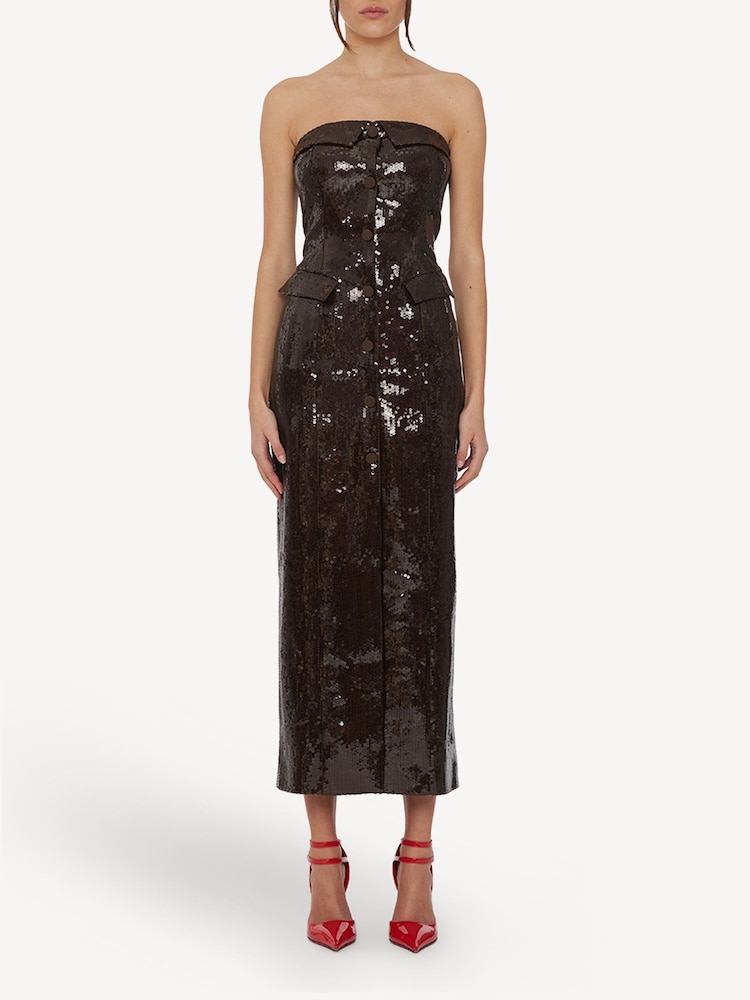 Rotate Brown Sequin Lapel Midi Dress - Image 1 of 6