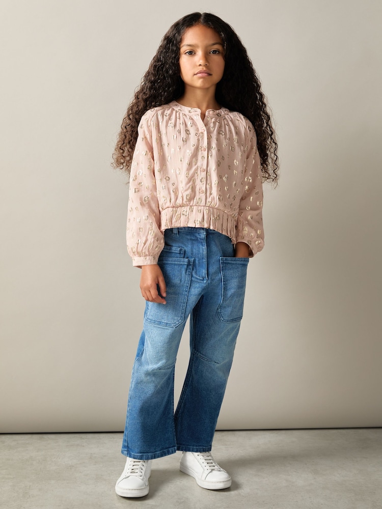 Reiss Pink Ellen 9-13 yrs Metallic Print Puff Sleeve Ruffle Top - Image 1 of 4