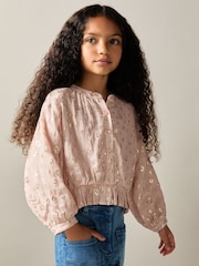 Reiss Pink Ellen 9-13 yrs Metallic Print Puff Sleeve Ruffle Top - Image 3 of 4