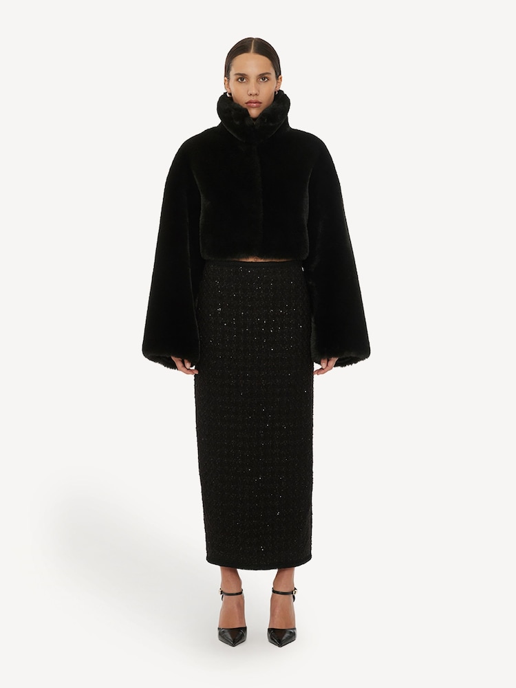 Rotate Black Faux Fur Crop Jacket - Image 1 of 5