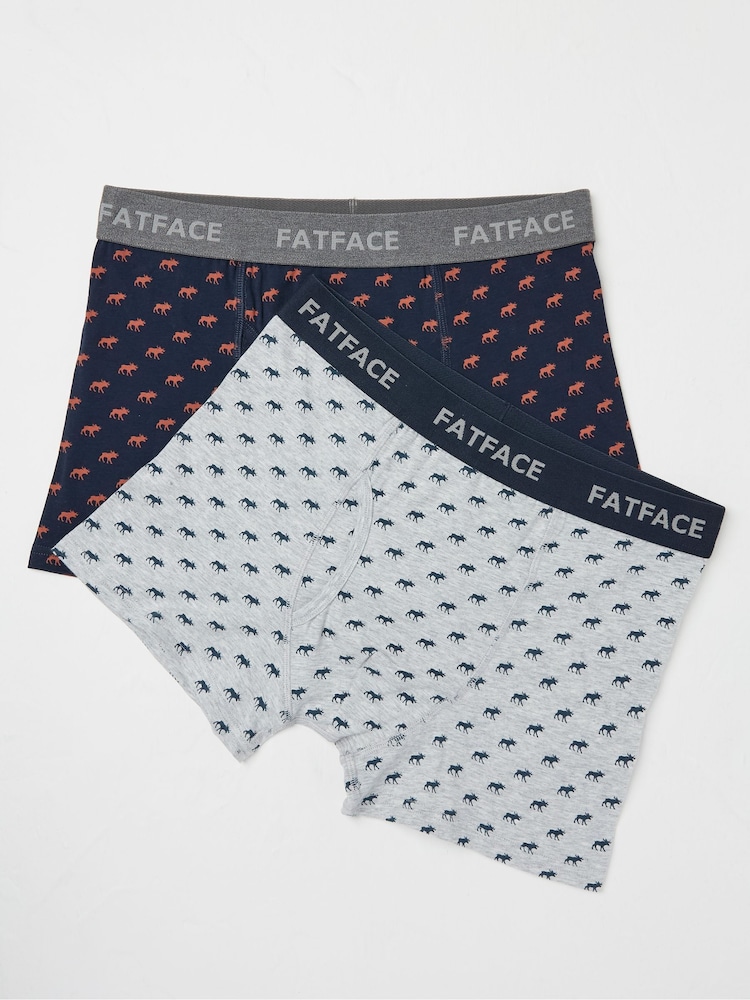 FatFace Navy Moose Print Boxers 2 Pack - Image 1 of 2 FatFace Navy Moose Print Boxers 2 Pack - Image 1 of 2