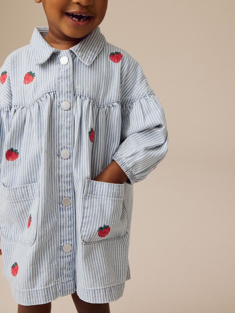 Blue Stripe Strawberry Embroidered Denim Shirt Dress (3mths-8yrs) - Image 4 of 7