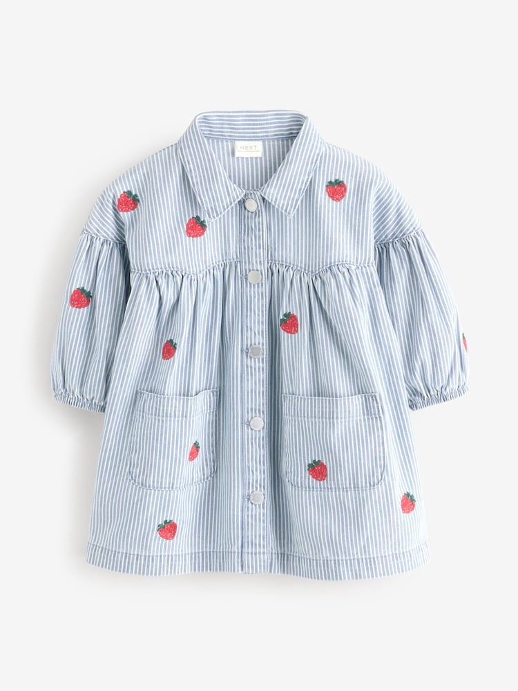 Blue Stripe Strawberry Embroidered Denim Shirt Dress (3mths-8yrs) - Image 5 of 7