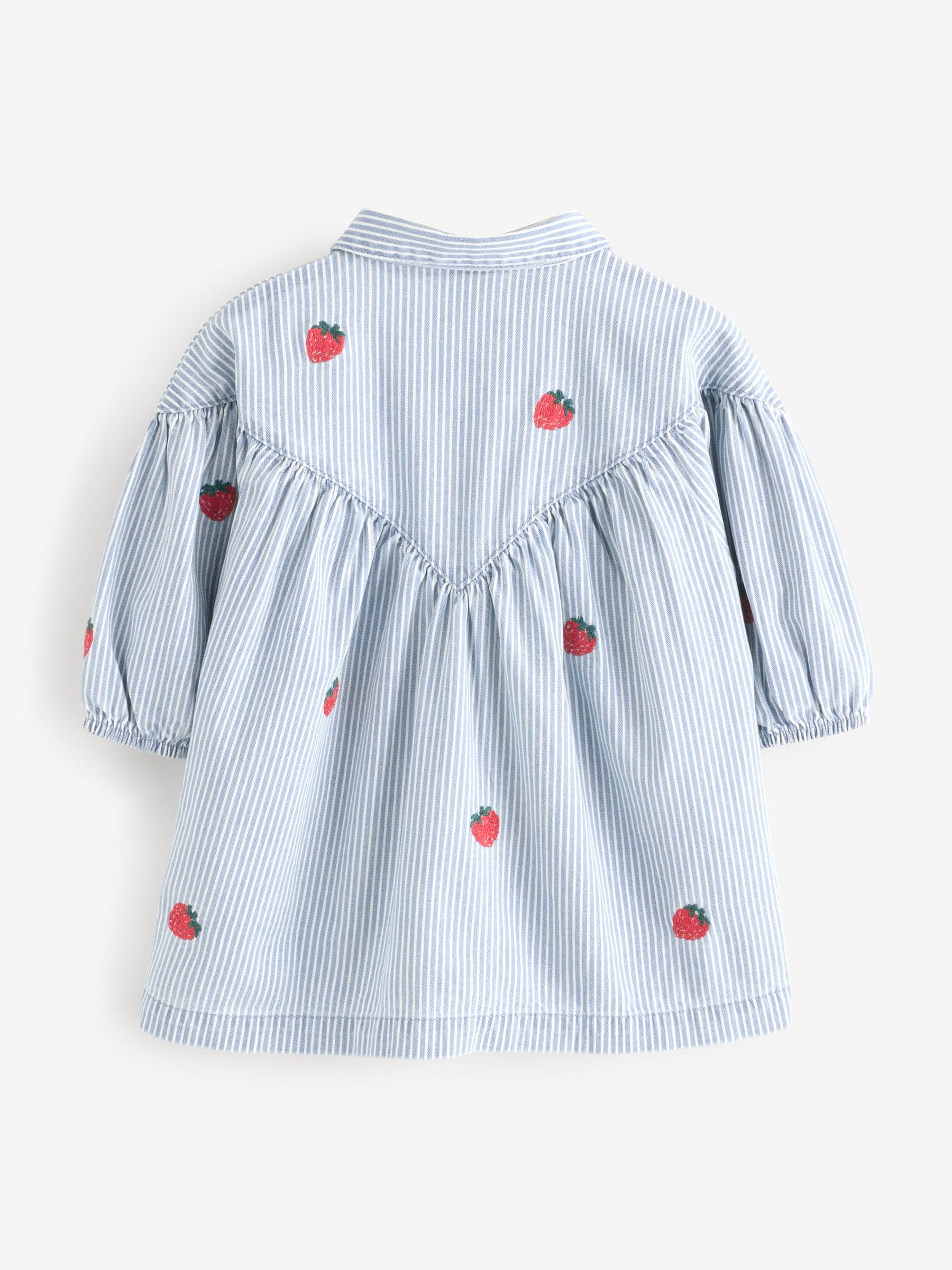 Buy Blue Stripe Strawberry Embroidered Denim Shirt Dress
