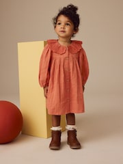 Rust Brown Embroidered Collar Long Sleeve Dress (3mths-8yrs) - Image 1 of 8