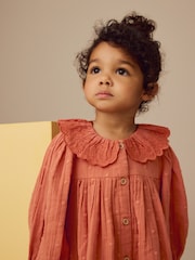 Rust Brown Embroidered Collar Long Sleeve Dress (3mths-8yrs) - Image 2 of 8