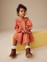 Rust Brown Embroidered Collar Long Sleeve Dress (3mths-8yrs) - Image 4 of 8