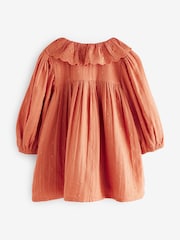 Rust Brown Embroidered Collar Long Sleeve Dress (3mths-8yrs) - Image 6 of 8