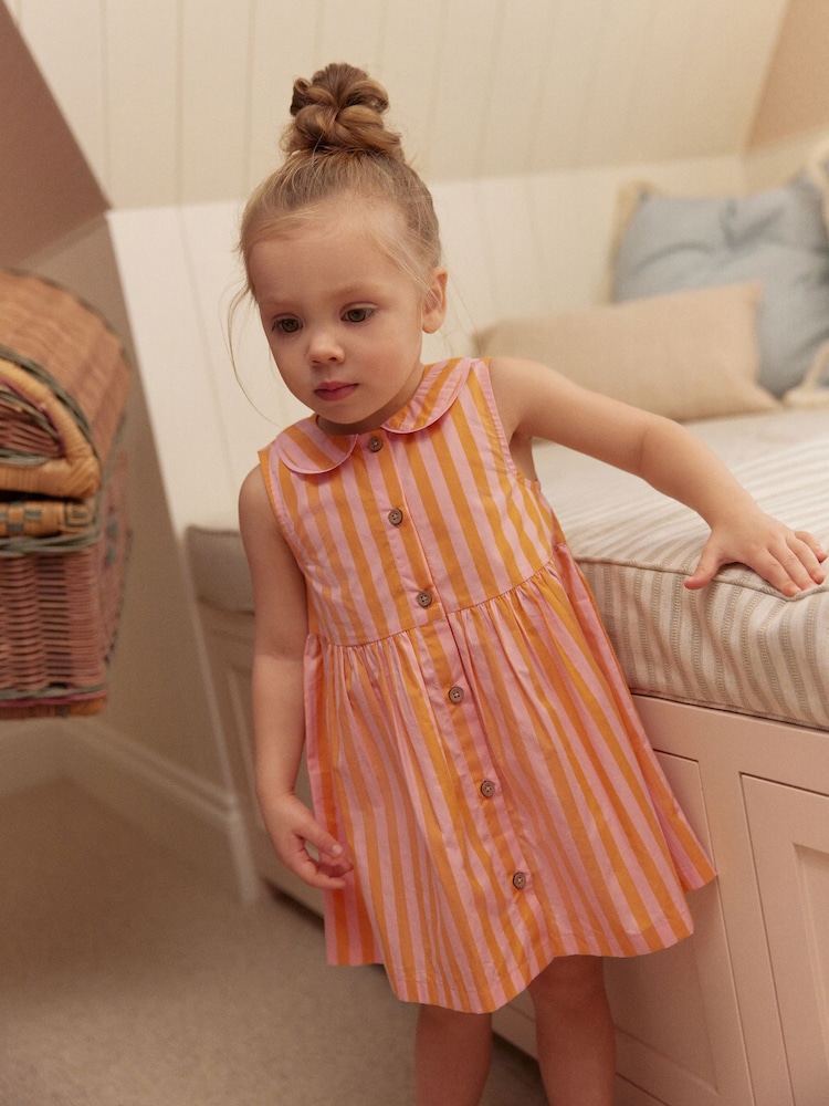 Pink/Yellow Stripe Sleeveless Collar Summer Dress (3mths-10yrs) - Image 2 of 11