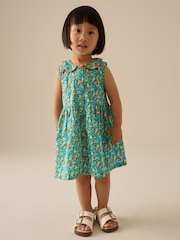 Teal Blue Printed Sleeveless Collar Summer Dress (3mths-10yrs) - Image 1 of 8