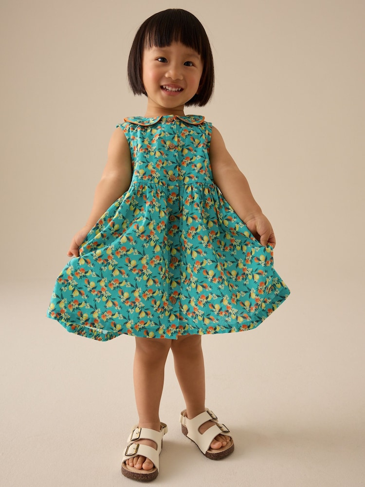 Buy Teal Blue Printed Sleeveless 100% Cotton Collar Dress (3mths-10yrs ...