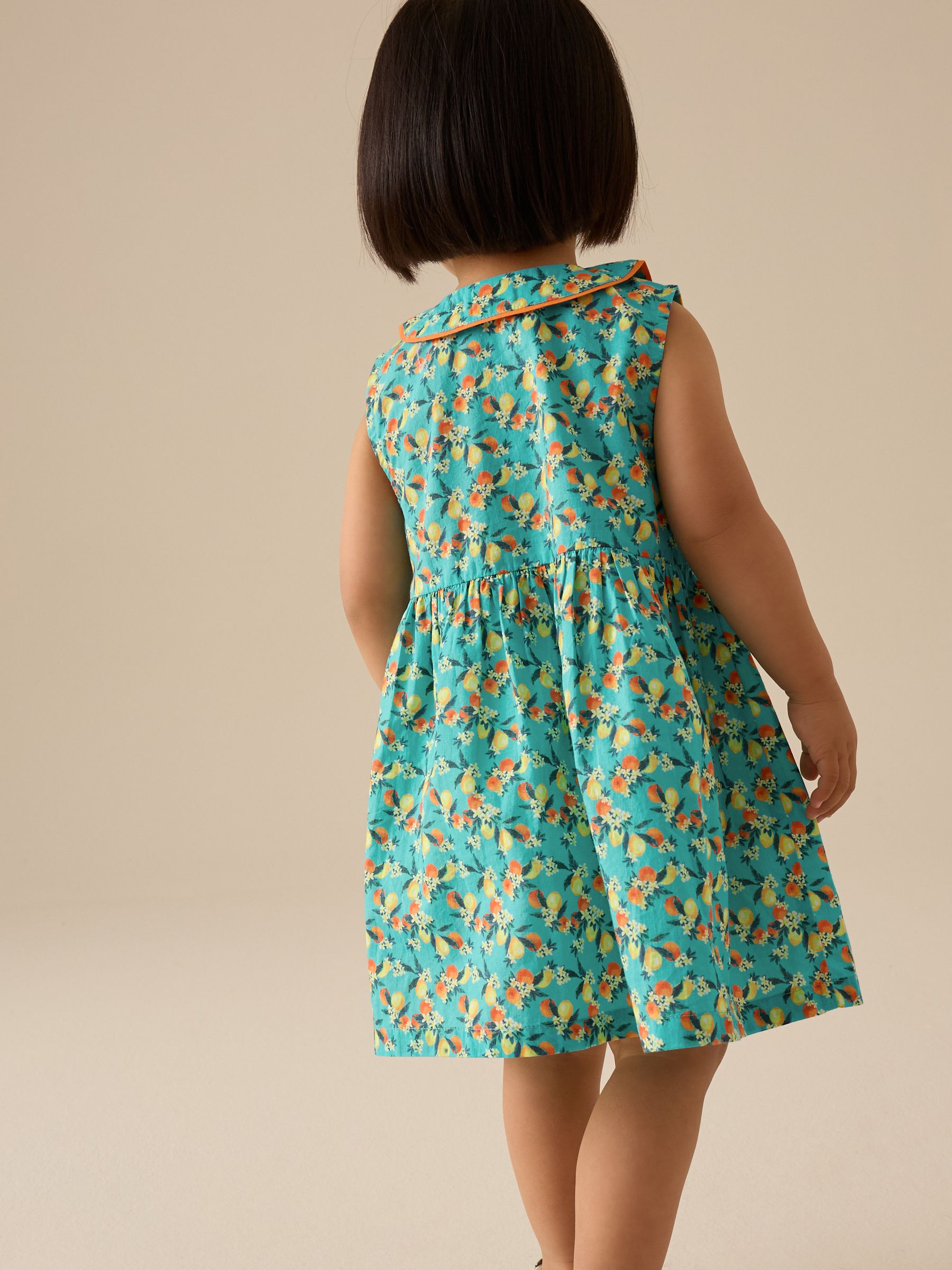 Buy Teal Blue Printed Sleeveless 100% Cotton Collar Dress (3mths-10yrs ...