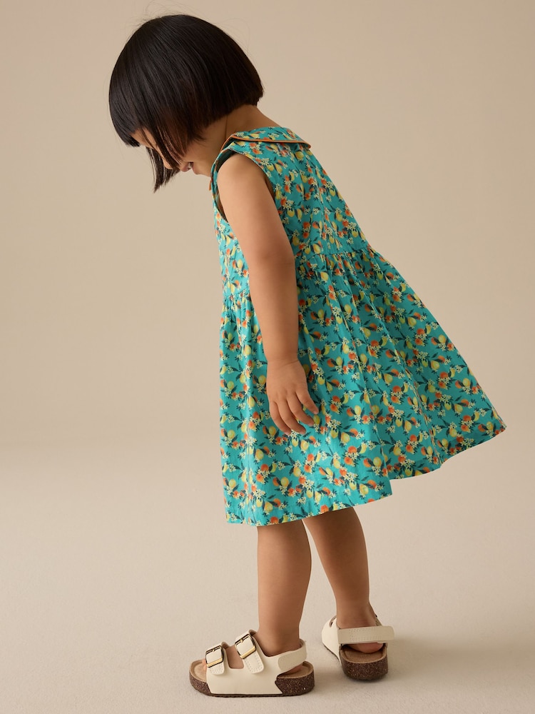 Teal Blue Printed Sleeveless Collar Summer Dress (3mths-10yrs) - Image 4 of 8