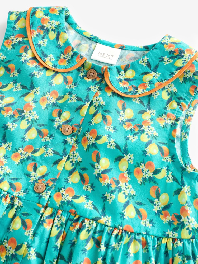 Teal Blue Printed Sleeveless Collar Summer Dress (3mths-10yrs) - Image 7 of 8