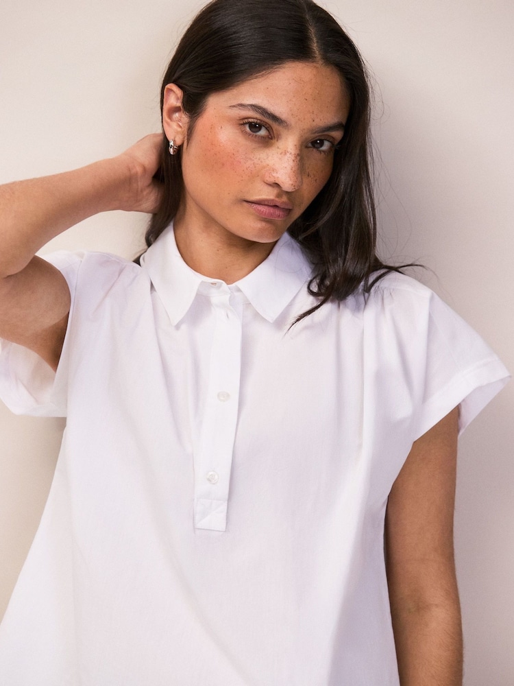 Ro&Zo White Cotton Poplin Gathered Shoulder Shirt - Image 1 of 4