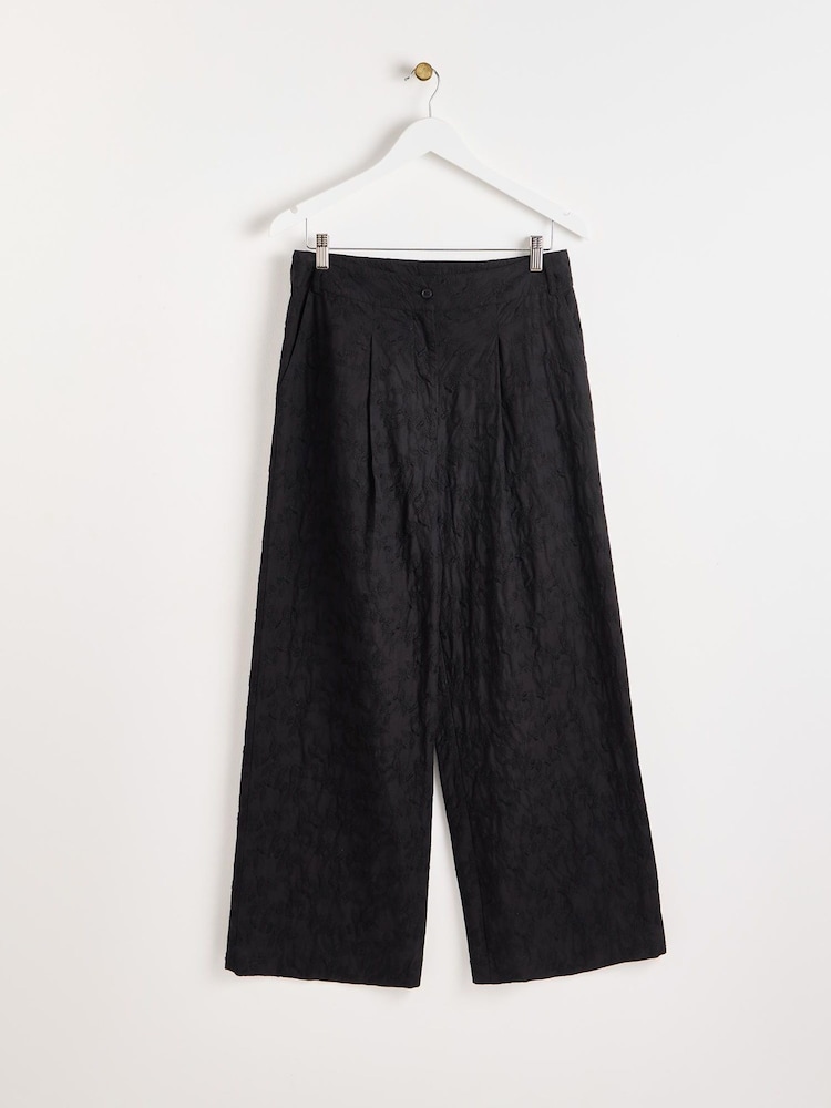 Oliver Bonas Black Broderie Wide Leg 100% Cotton Trousers - Image 1 of 5