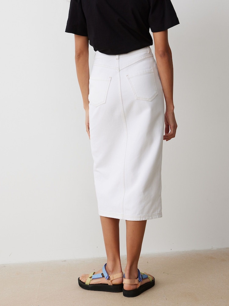 Oliver Bonas White Contrast Stitch 100% Cotton Midi Skirt - Image 2 of 9