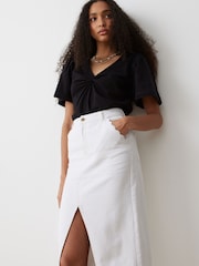 Oliver Bonas White Contrast Stitch 100% Cotton Midi Skirt - Image 3 of 9