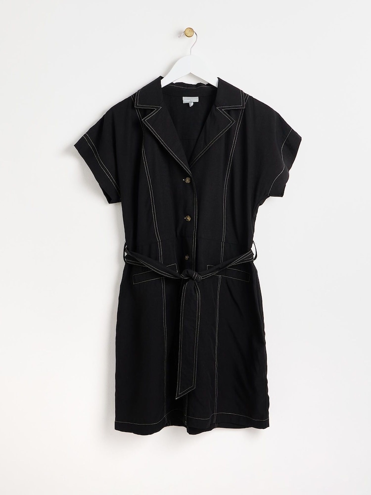 Oliver Bonas Black Contrast Stitch Utility Mini Dress - Image 1 of 6 Oliver Bonas Black Contrast Stitch Utility Mini Dress - Image 1 of 6
