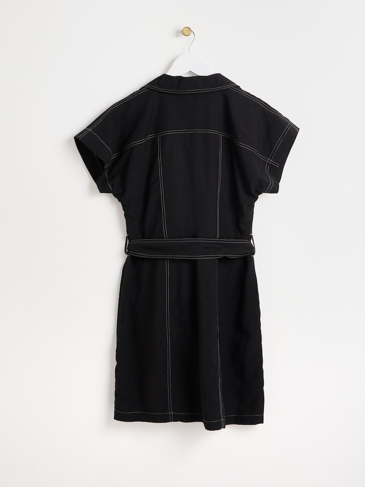 Oliver Bonas Black Contrast Stitch Utility Mini Dress - Image 2 of 6 Oliver Bonas Black Contrast Stitch Utility Mini Dress - Image 2 of 6