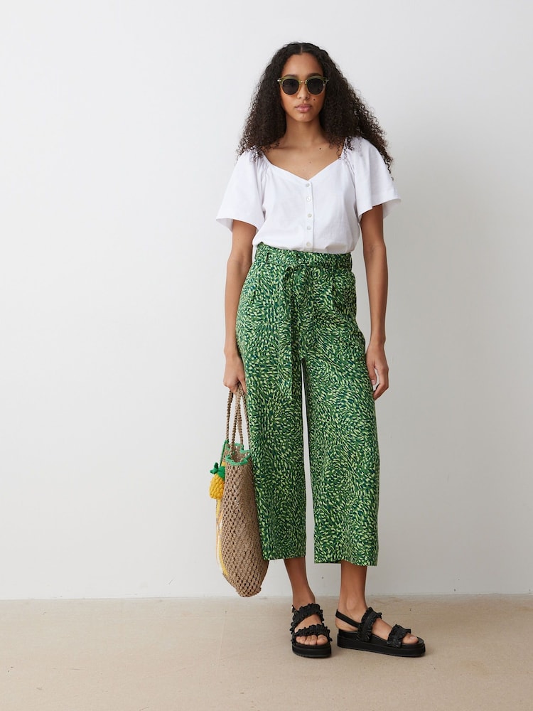Oliver Bonas Light Green Palm Print Culotte Trousers - Image 1 of 9