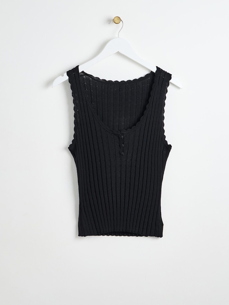 Oliver Bonas Black Pointelle Stitch Knitted Vest Top - Image 1 of 4 Oliver Bonas Black Pointelle Stitch Knitted Vest Top - Image 1 of 4