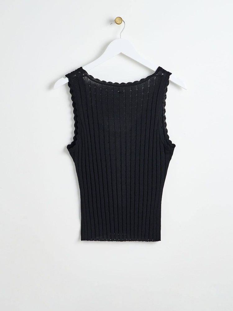 Oliver Bonas Black Pointelle Stitch Knitted Vest Top - Image 2 of 4 Oliver Bonas Black Pointelle Stitch Knitted Vest Top - Image 2 of 4