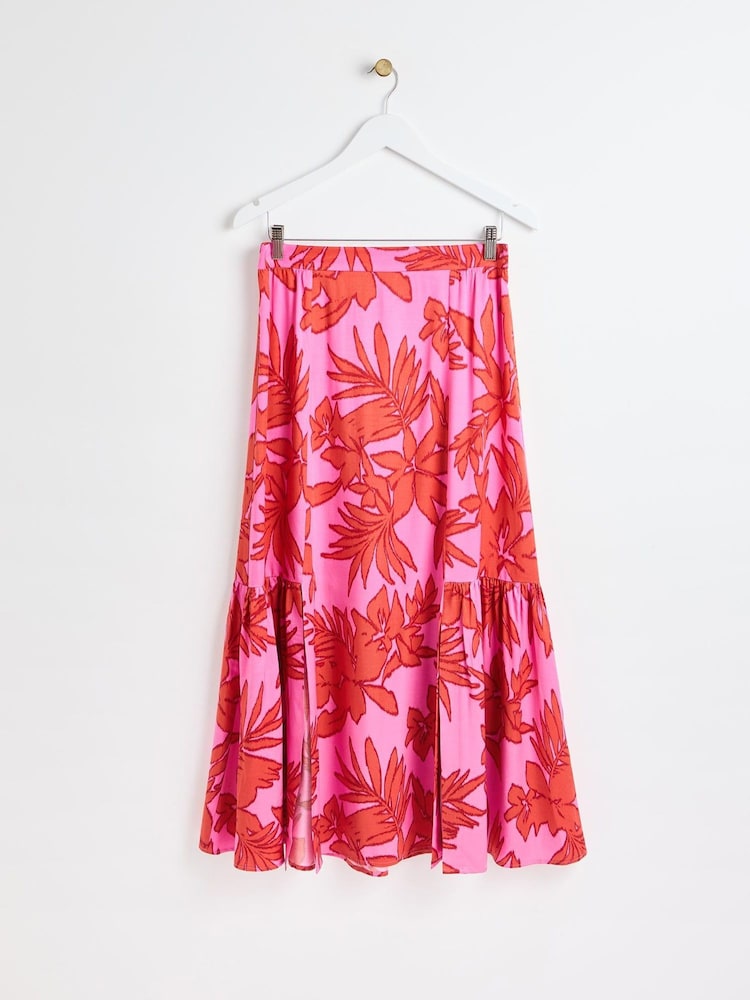 Oliver Bonas Pink Palm Print Tiered Midi Skirt - Image 1 of 5