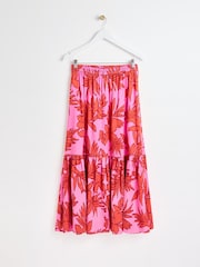 Oliver Bonas Pink Palm Print Tiered Midi Skirt - Image 2 of 5