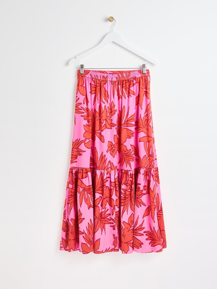 Oliver Bonas Pink Palm Print Tiered Midi Skirt - Image 2 of 5