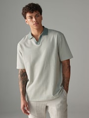 Sage Green Cuban Collar Textured Short Sleeve Polo Shirt - Image 1 of 8
