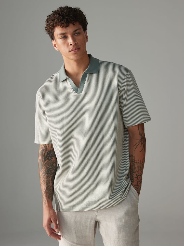 Sage Green Cuban Collar Textured Short Sleeve Polo Shirt - Image 1 of 8