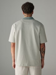 Sage Green Cuban Collar Textured Short Sleeve Polo Shirt - Image 2 of 8