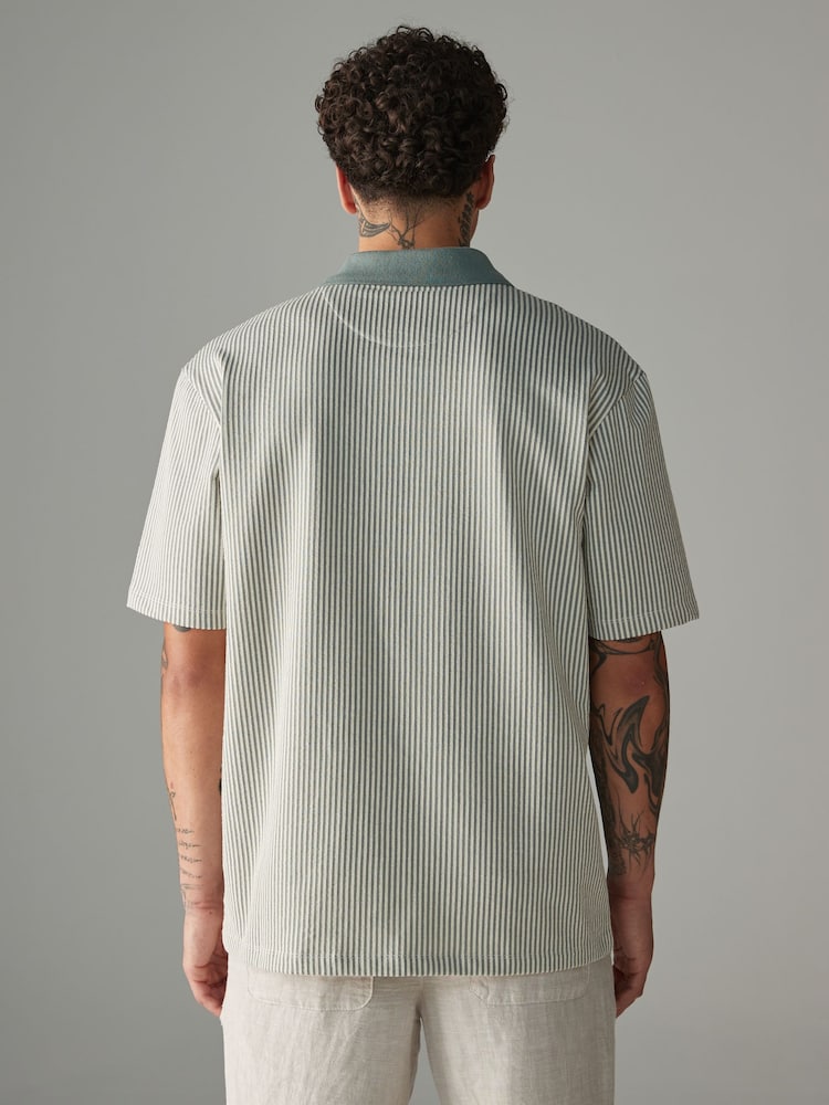 Sage Green Cuban Collar Textured Short Sleeve Polo Shirt - Image 2 of 8