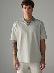 Sage Green Cuban Collar Textured Short Sleeve Polo Shirt - Image 3 of 8