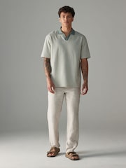 Sage Green Cuban Collar Textured Short Sleeve Polo Shirt - Image 4 of 8