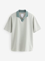 Sage Green Cuban Collar Textured Short Sleeve Polo Shirt - Image 6 of 8