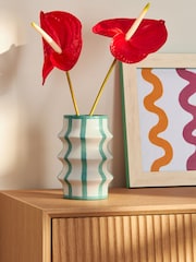 White/Teal Ceramic Striped Abstract Joy Vase - Image 1 of 3