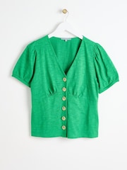 Oliver Bonas Green Button Through Jersey 100% Cotton Top - Image 1 of 6