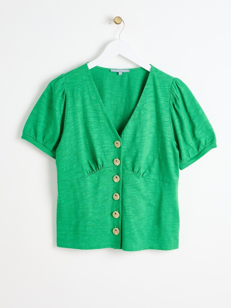 Oliver Bonas Green Button Through Jersey 100% Cotton Top - Image 1 of 6