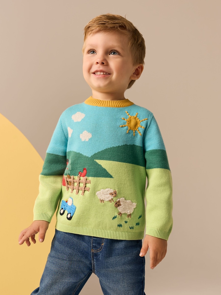 Blue/Green Farm Characters Knitted Crew Neck 100% Cotton Jumper (3mths-7yrs) - Image 1 of 4