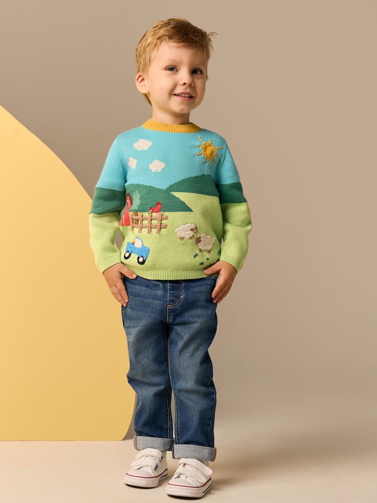 Blue/Green Farm Characters Knitted Crew Neck 100% Cotton Jumper (3mths-7yrs) - Image 3 of 4