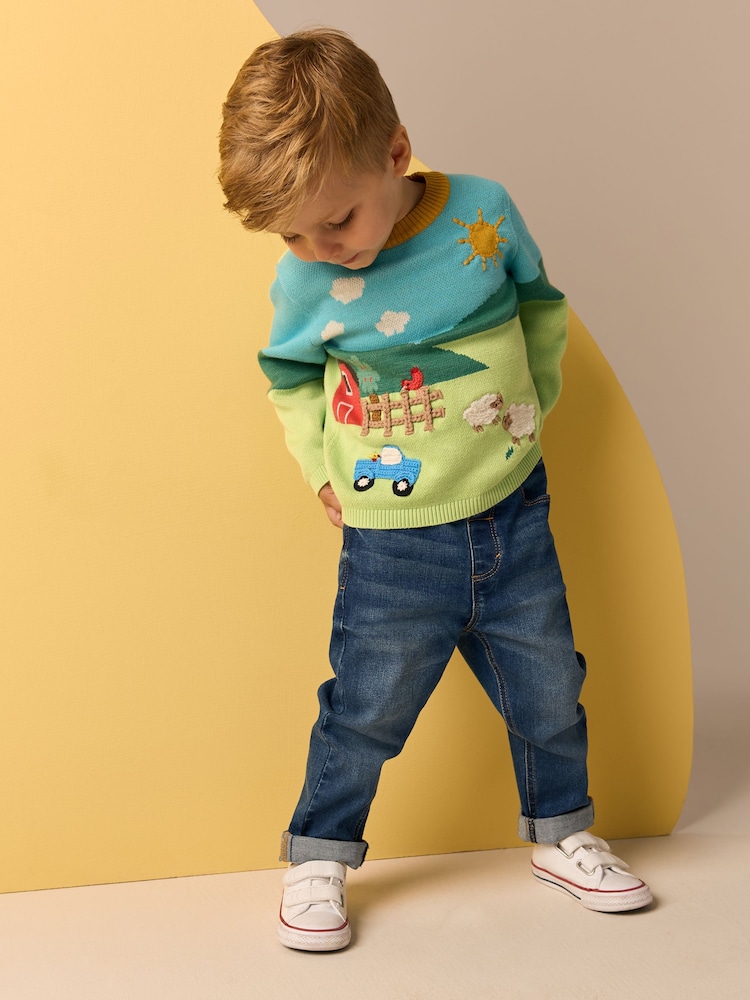 Blue/Green Farm Characters Knitted Crew Neck 100% Cotton Jumper (3mths-7yrs) - Image 4 of 4
