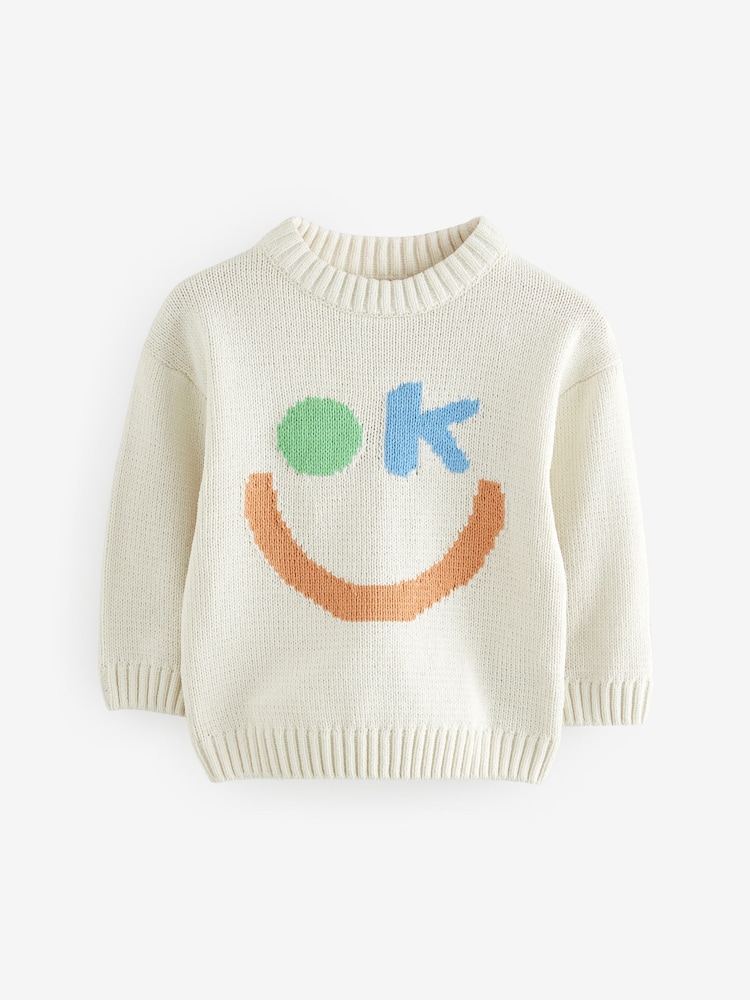 Ecru OK Smile Knitted Crew Neck Jumper (3mths-7yrs) - Image 1 of 4