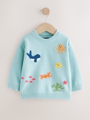 Blue 100% Cotton Sea Life Character Knitted Crew Neck Jumper (3mths-7yrs) - Image 1 of 4