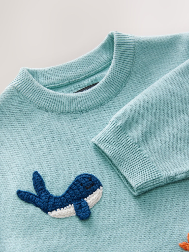 Blue 100% Cotton Sea Life Character Knitted Crew Neck Jumper (3mths-7yrs) - Image 3 of 4