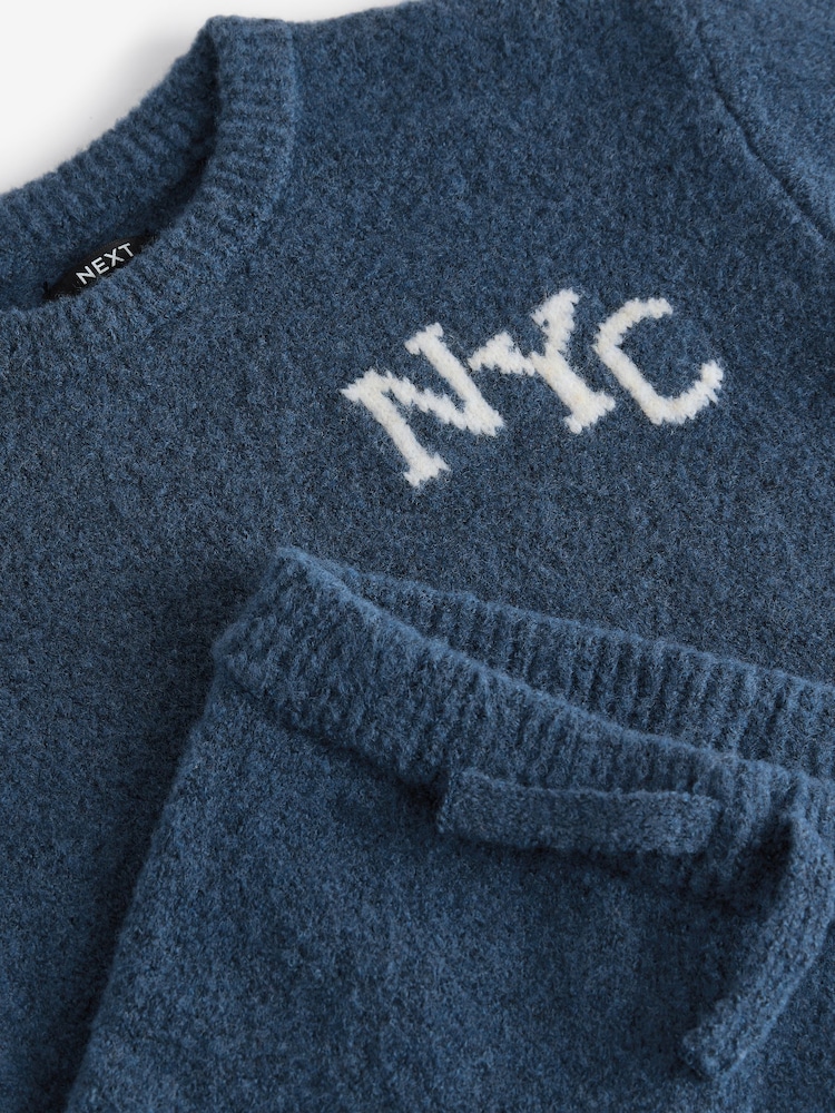 Navy Blue Knitted NYC Varsity Jumper and Joggers Set (3mths-7yrs) - Image 11 of 13