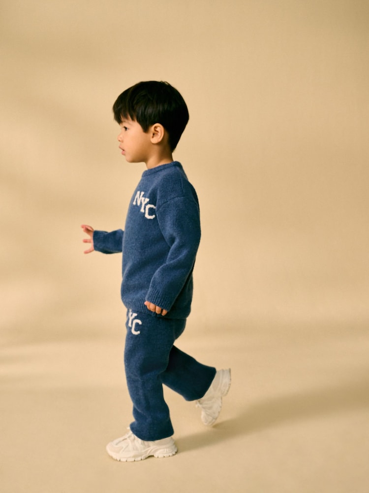 Navy Blue Knitted NYC Varsity Jumper and Joggers Set (3mths-7yrs) - Image 4 of 13
