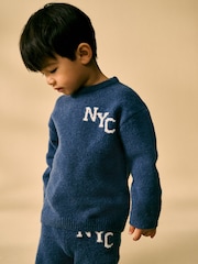 Navy Blue Knitted NYC Varsity Jumper and Joggers Set (3mths-7yrs) - Image 5 of 13